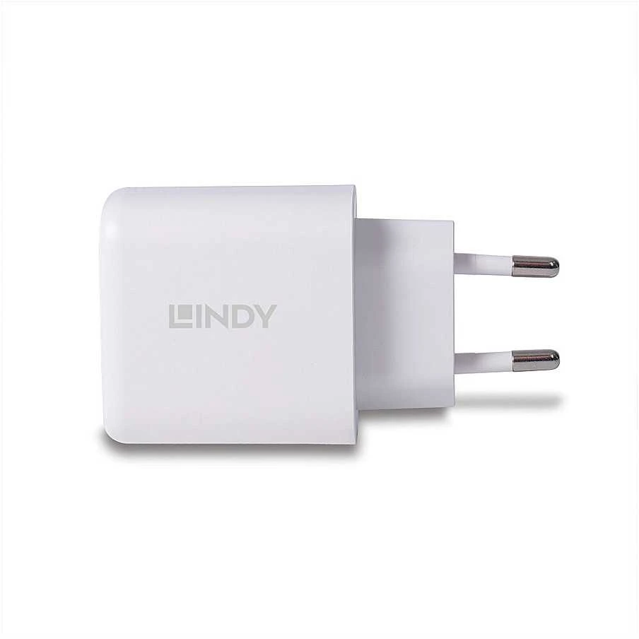Įkroviklis - LINDY 30W USB Type A ir C Įkroviklis, Dvigubas Prievadas, PD Kompaktiškas Dizainas, Baltas