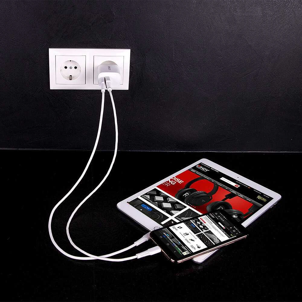 Įkroviklis - LINDY USB Type A ir C Įkroviklis, 100-240VAC, 20W, Baltas