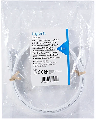 LogiLink USB 2.0 Type-C cable, C/M to C/F, 480 Mbps, 100W, baltas, 1 m