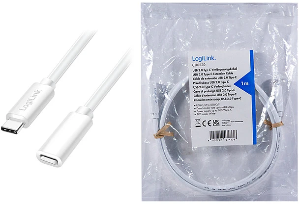 LogiLink USB 2.0 Type-C cable, C/M to C/F, 480 Mbps, 100W, baltas, 1 m