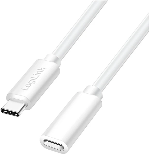 LogiLink USB 2.0 Type-C cable, C/M to C/F, 480 Mbps, 100W, baltas, 1 m