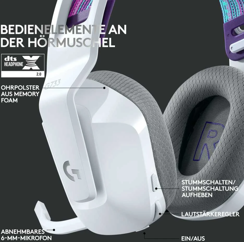 Belaidės ausinės Logitech G733, LIGHTSPEED, RGB, Baltos spalvos