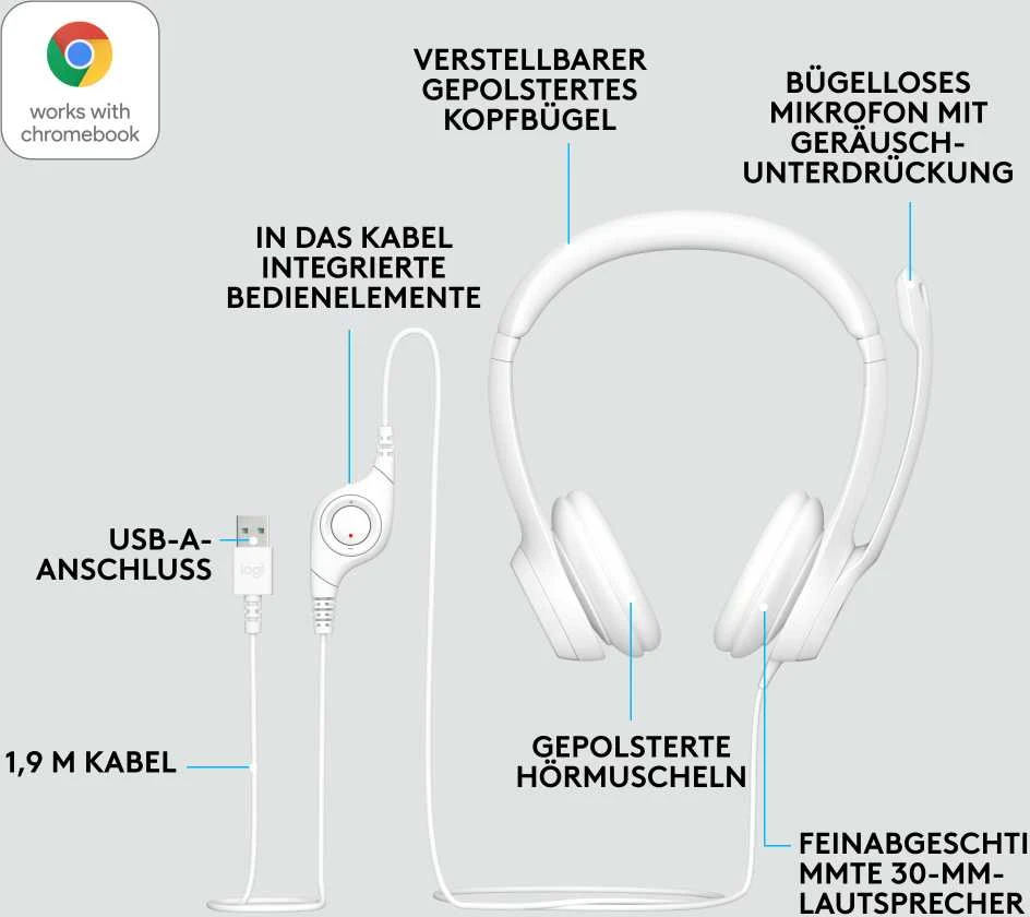 Ausinės Logitech H390, su laidu, Baltos