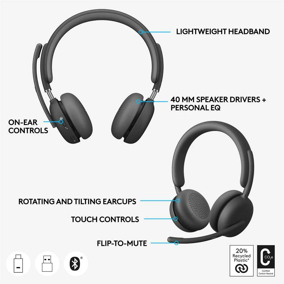 Ausinės Logitech Zone Belaidės 2 MS Stereo USB-C/A