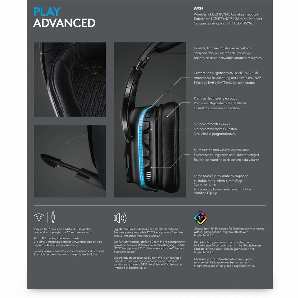 LOGITECH G935 Belaidės 7.1 Surround Sound LIGHTSYNC Ausinės Žaidimams - 2.4GHZ - EMEA