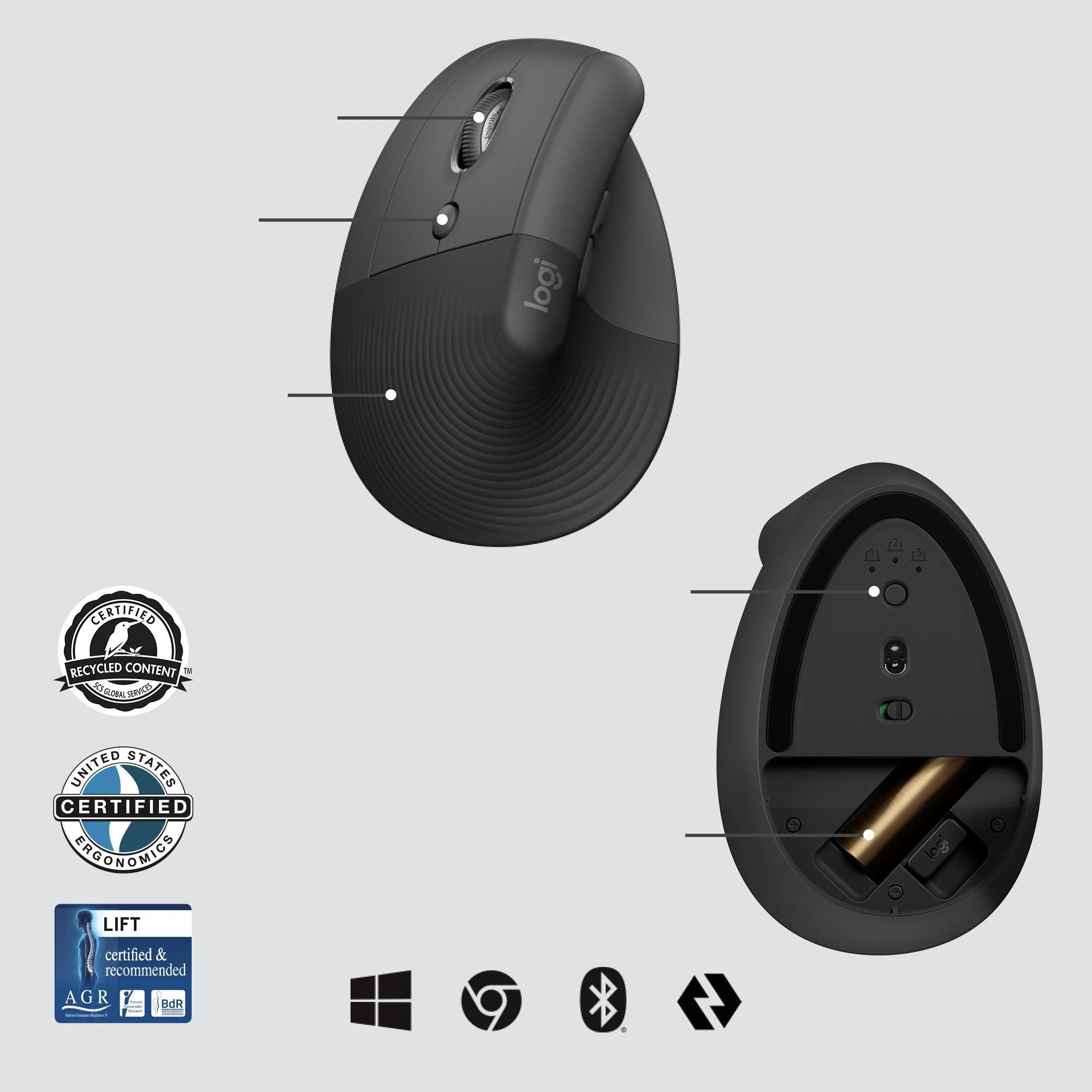 Pelė LOGITECH LIFT verslui LEFT - GRAPHITE / Juodas - EMEA