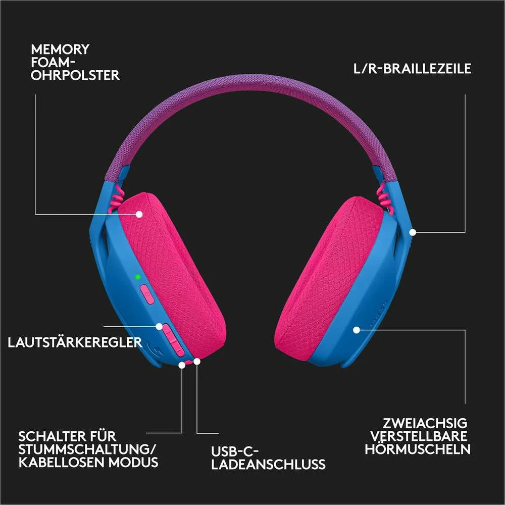 Žaidimų ausinės Logitech G435 Lightspeed, mėlynos/rožinės spalvos