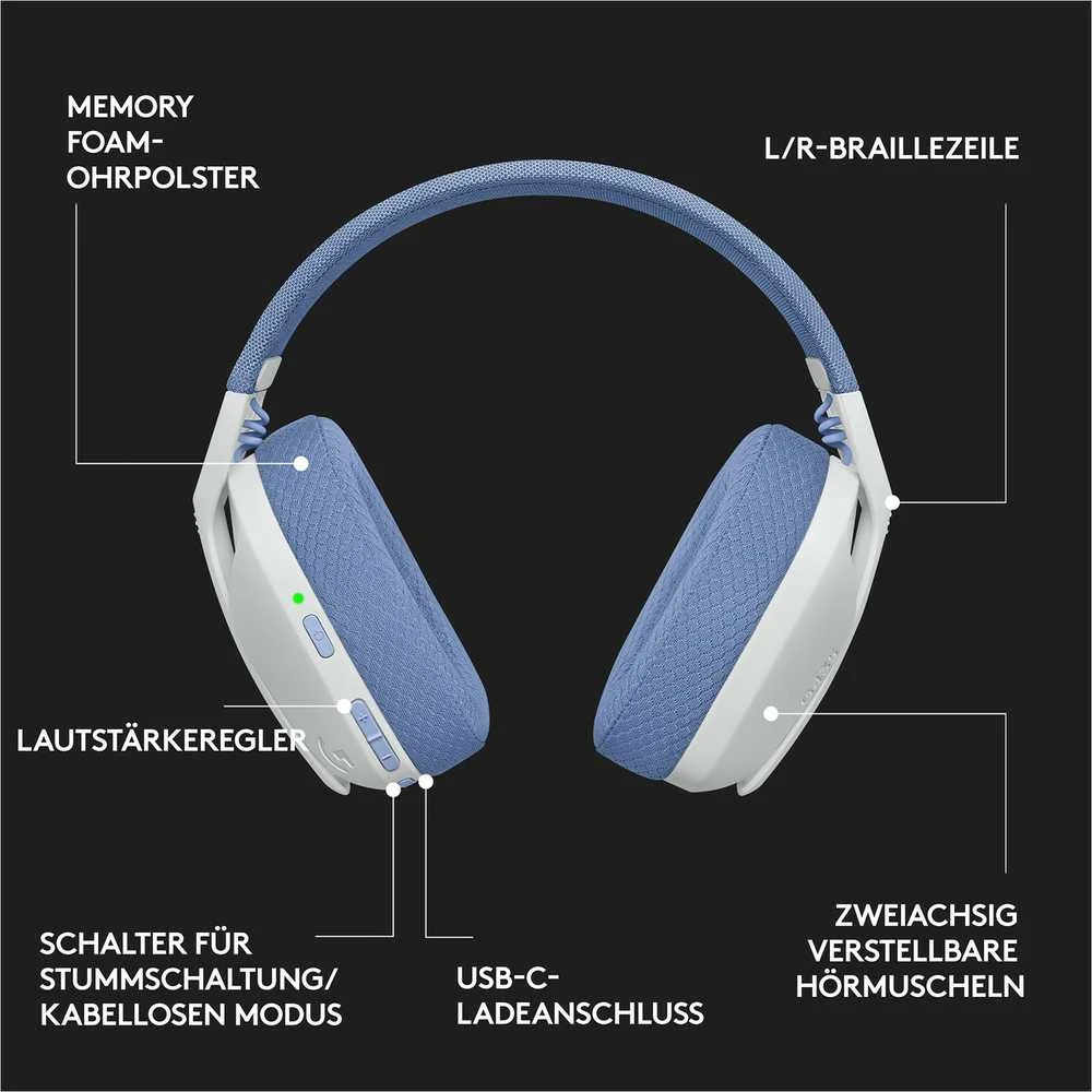 Žaidimų ausinės Logitech G435 Lightspeed, baltos/alyvų spalvos