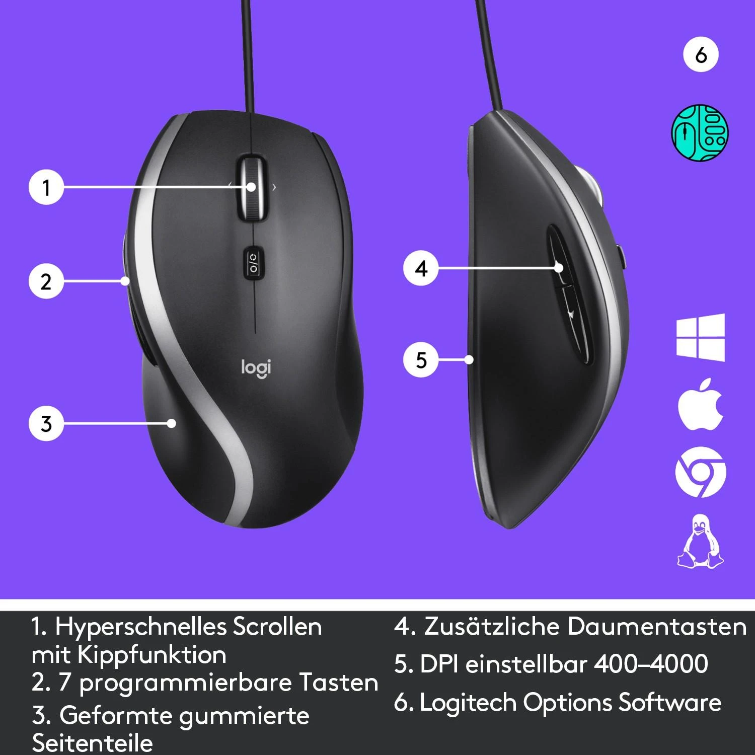 Logitech M500 Advanced Laidinė pelė, USB Type-A, Optinė, 4000 DPI, Juoda