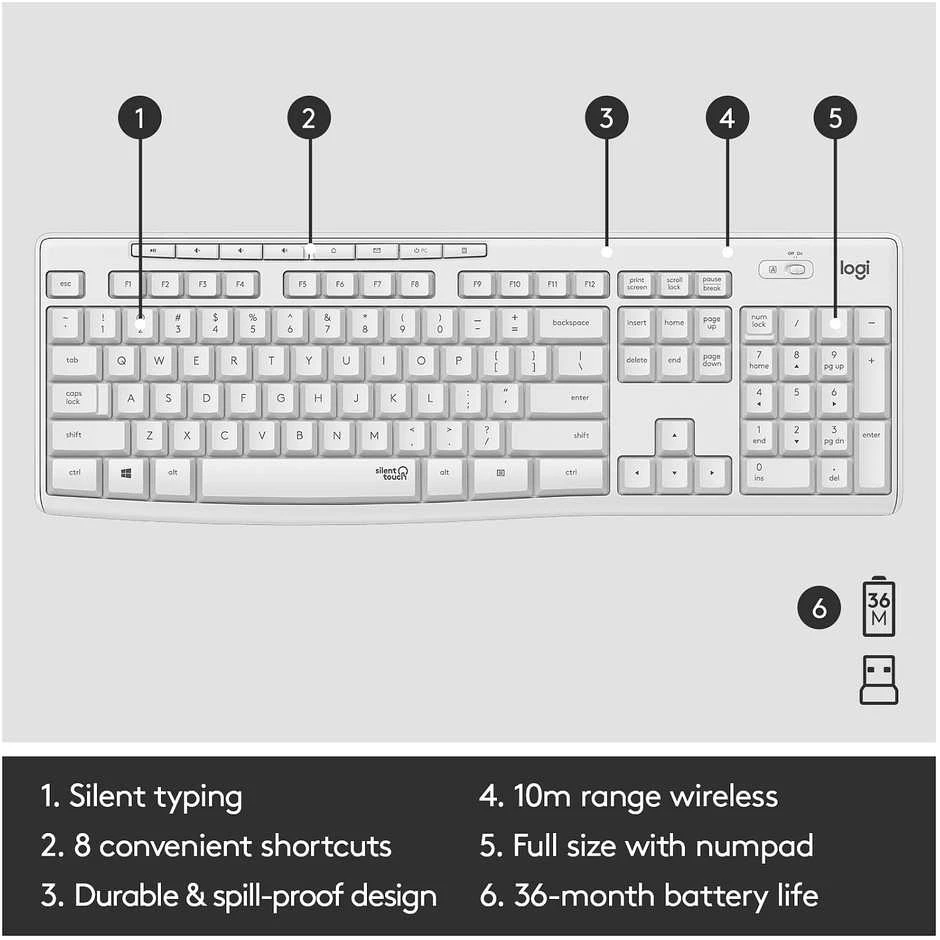 Belaidė Klaviatūra Su Pele Logitech MK295, US išdėstymas, Baltos Spalvos