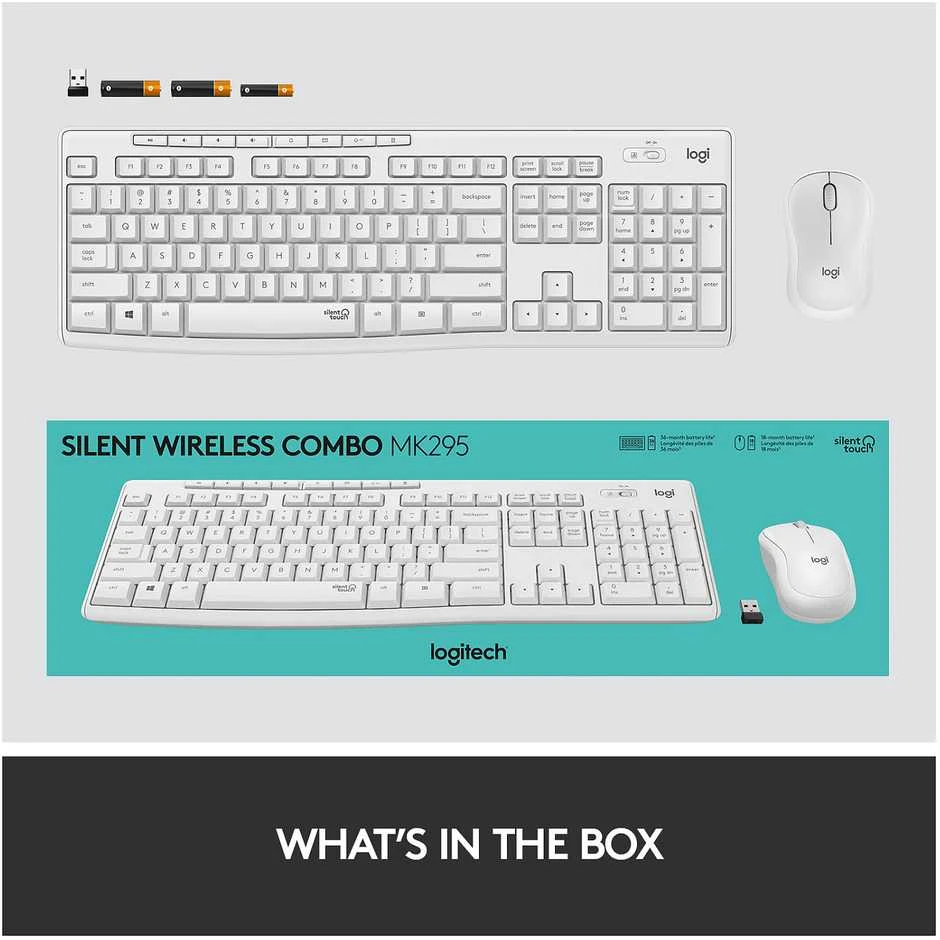 Belaidė Klaviatūra Su Pele Logitech MK295, US išdėstymas, Baltos Spalvos