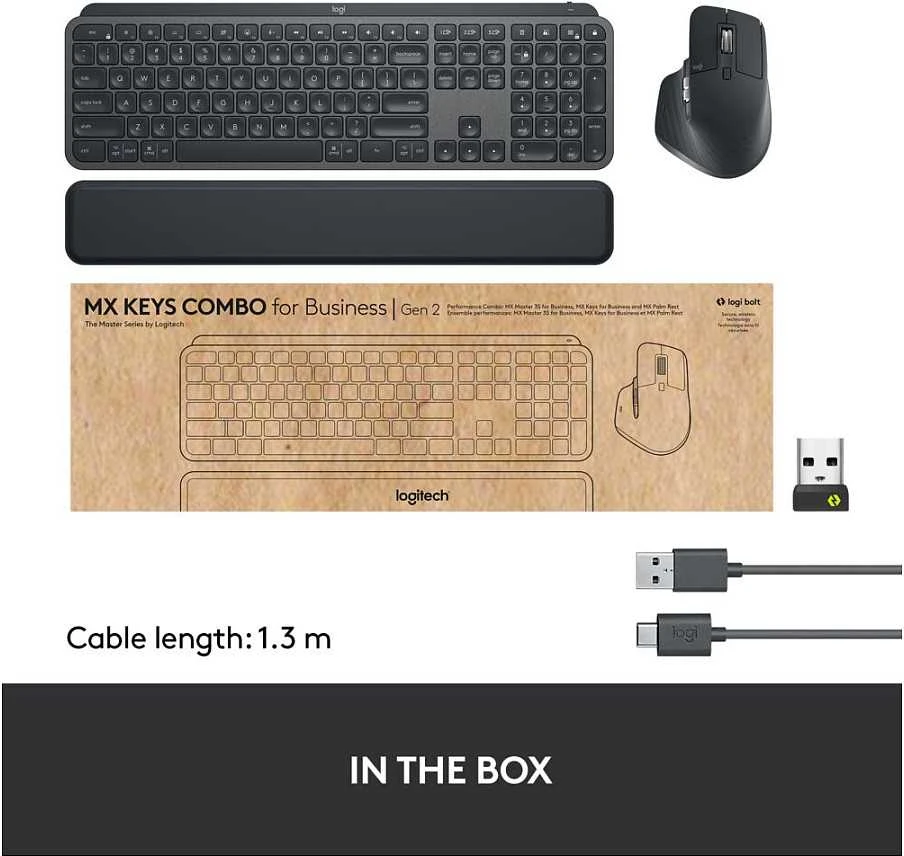 Logitech MX Keys Combo verslui Gen 2 Belaidė klaviatūra ir pelė + Atrama riešui, DE, Graphite