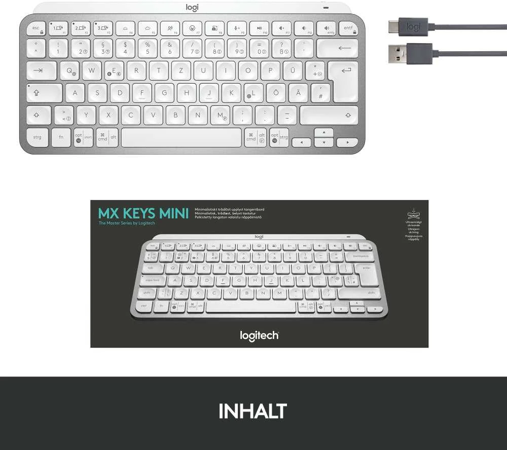 Minimalistinė Belaidė Klaviatūra su apašvietimu Logitech MX Keys Mini, Pilkos spalvos, Vokiečių (Qwertz) išdėstymas