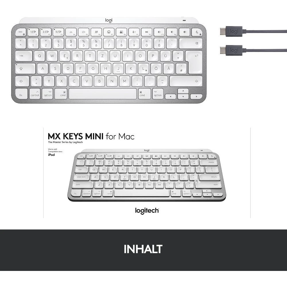 Minimalistinė Belaidė Klaviatūra su pašvietimu MX Keys MIni for Mac, DE išdėstymas, Pilka