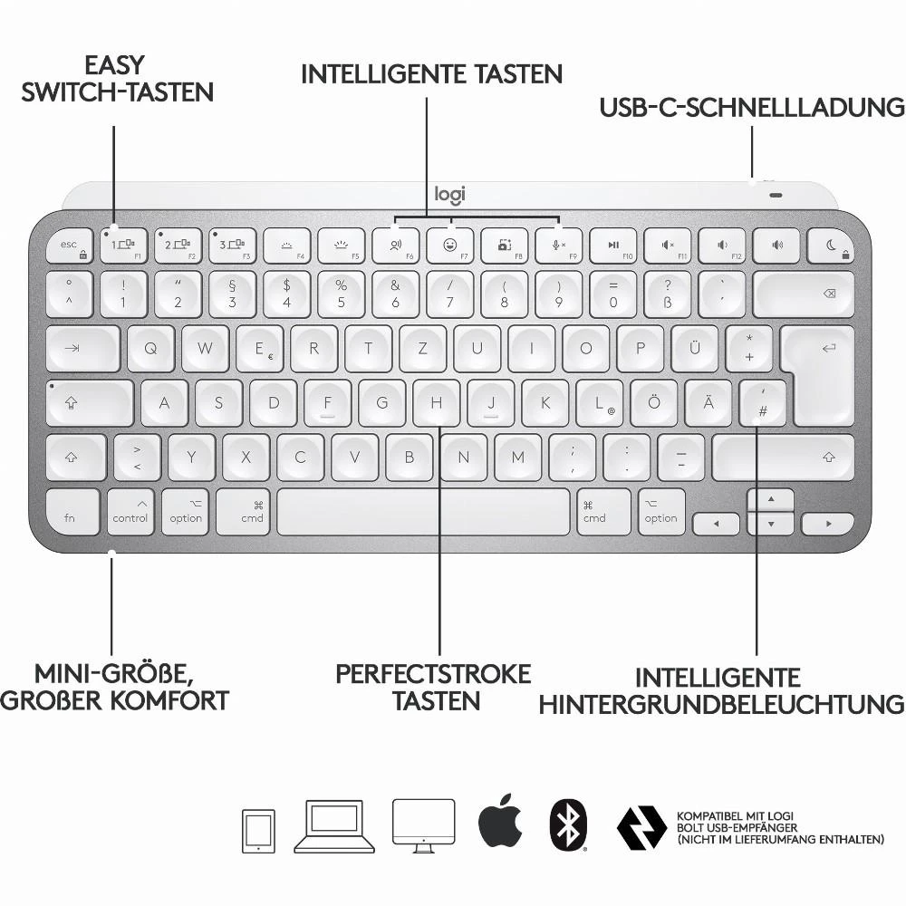 Minimalistinė Belaidė Klaviatūra su pašvietimu MX Keys MIni for Mac, DE išdėstymas, Pilka