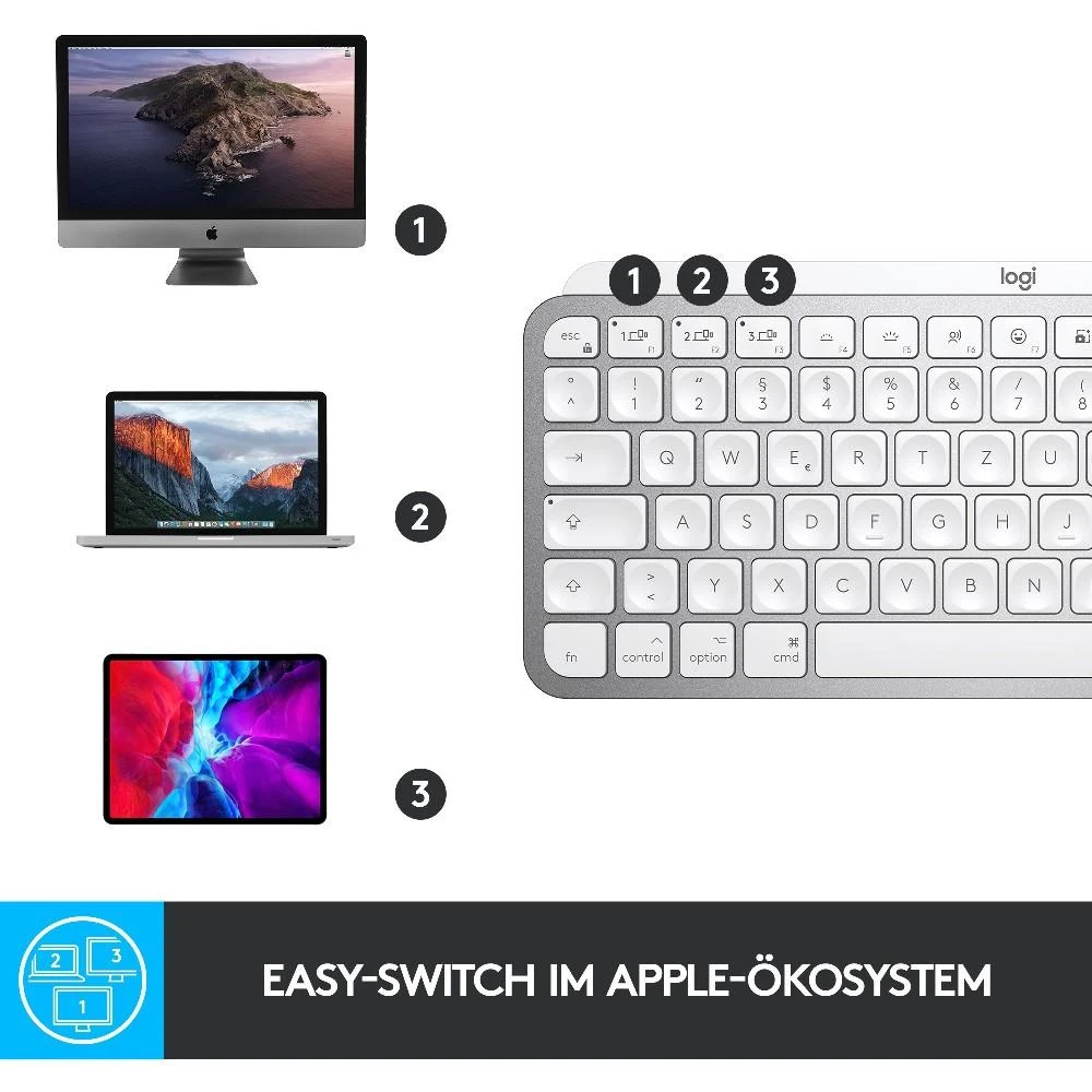 Minimalistinė Belaidė Klaviatūra su pašvietimu MX Keys MIni for Mac, DE išdėstymas, Pilka
