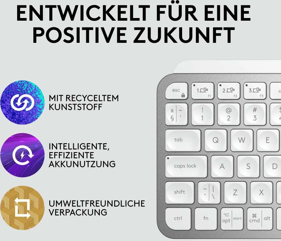 Minimalistinė Belaidė Klaviatūra su pašvietimu MX Keys MIni for Mac, DE išdėstymas, Pilka
