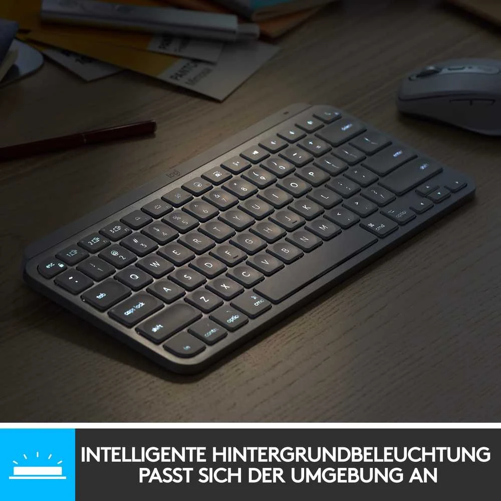 Minimalistinė Belaidė Klaviatūra su apašvietimu Logitech MX Keys Mini, Pilkos spalvos, US tarptautinis (Qwerty) išdėstymas