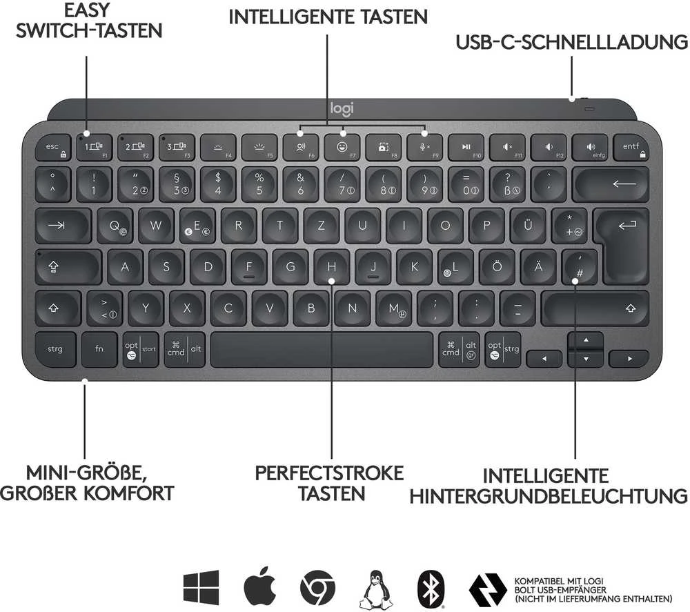 Minimalistinė Belaidė Klaviatūra su apašvietimu Logitech MX Keys Mini, Grafito spalvos, Šveicarų (Qwertz) išdėstymas
