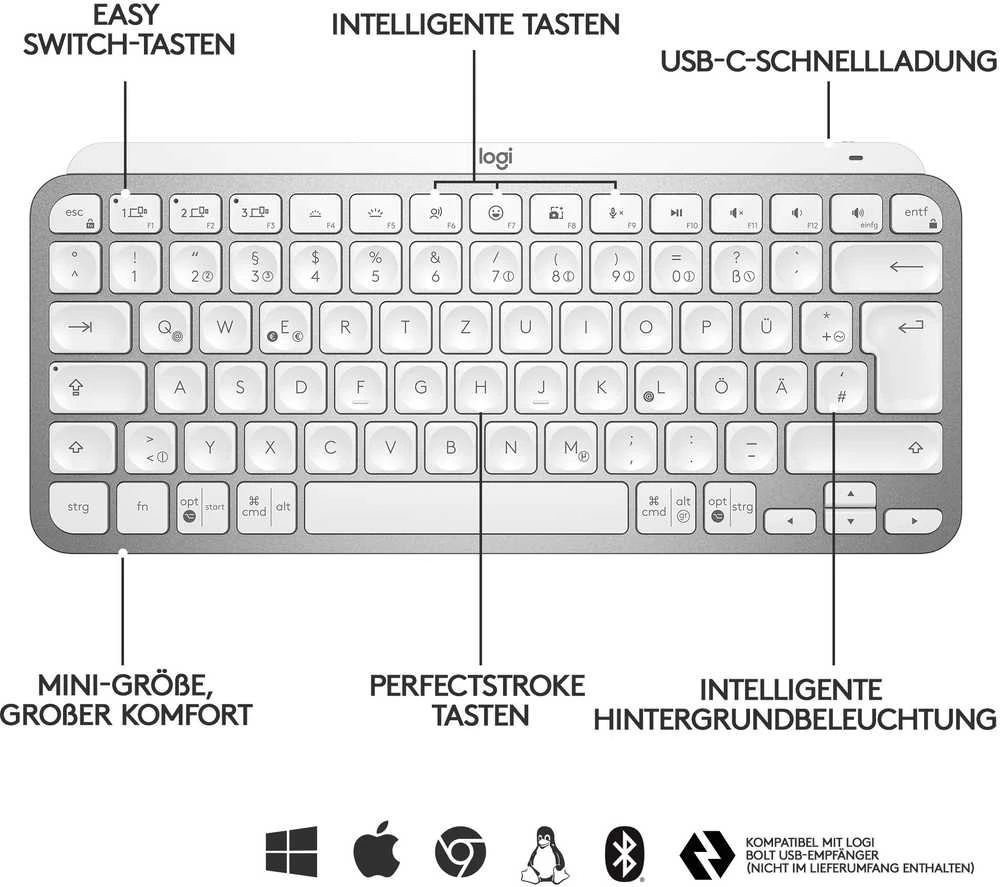 Minimalistinė Belaidė Klaviatūra su apašvietimu Logitech MX Keys Mini, Pilkos spalvos, US tarptautinis (Qwerty) išdėstymas