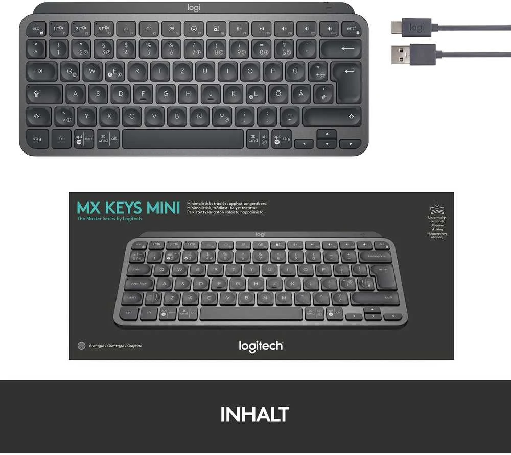 Minimalistinė Belaidė Klaviatūra su apašvietimu Logitech MX Keys Mini, Grafito spalvos, Šveicarų (Qwertz) išdėstymas