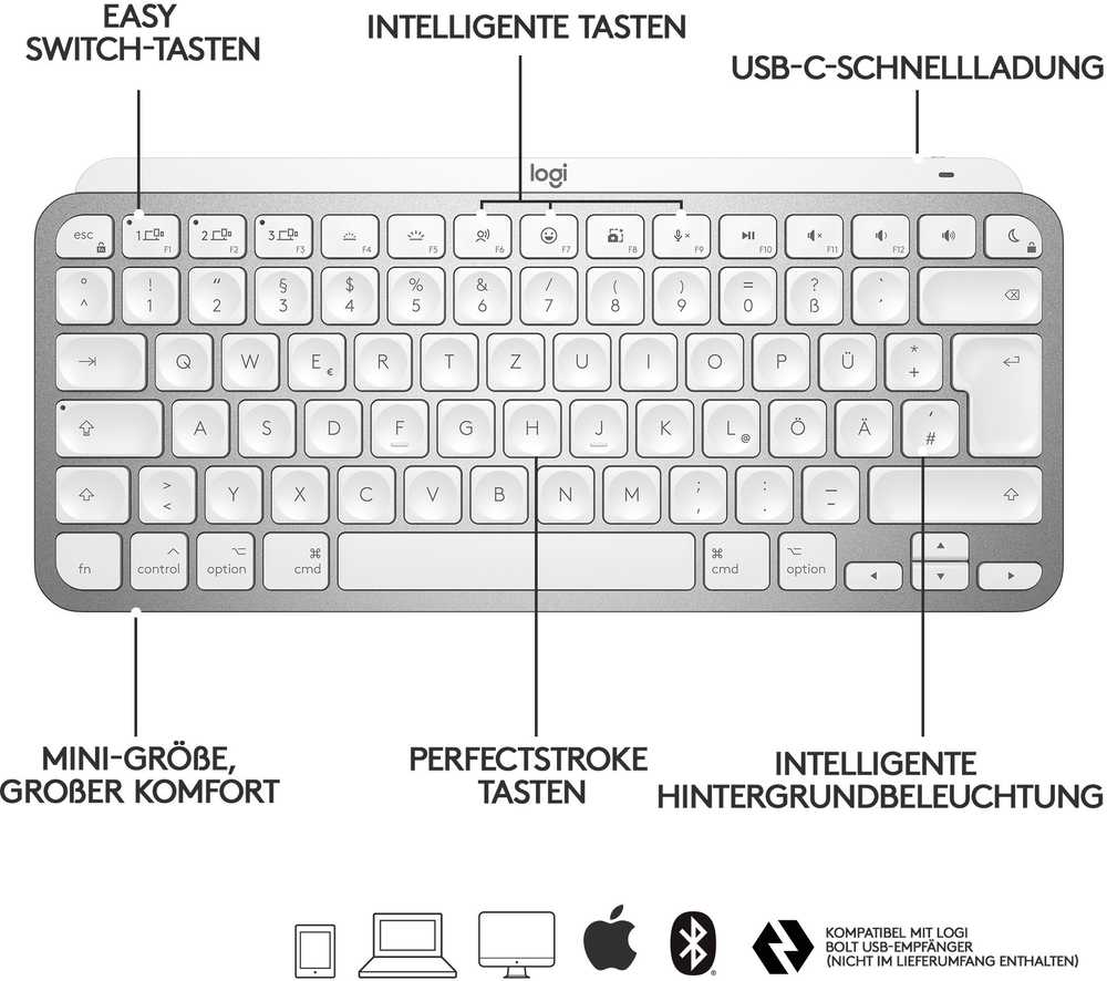 Belaidė klaviatūra Logitech MX Keys Mini skirta Mac, Blyškiai pilkos spalvos (US)
