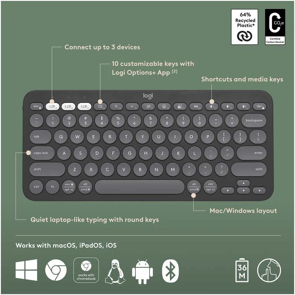LOGITECH K380S Bluetooth klaviatūra - TONAL GRAPHITE - JAV TARPTAUTINĖ