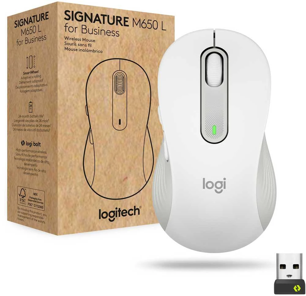 Pelė „Logitech Signature M650 L“ dešiniarankiams skirtas belaidis „Bluetooth 2.4 GHz Bolt USB“ imtuvas, 5 mygtukų