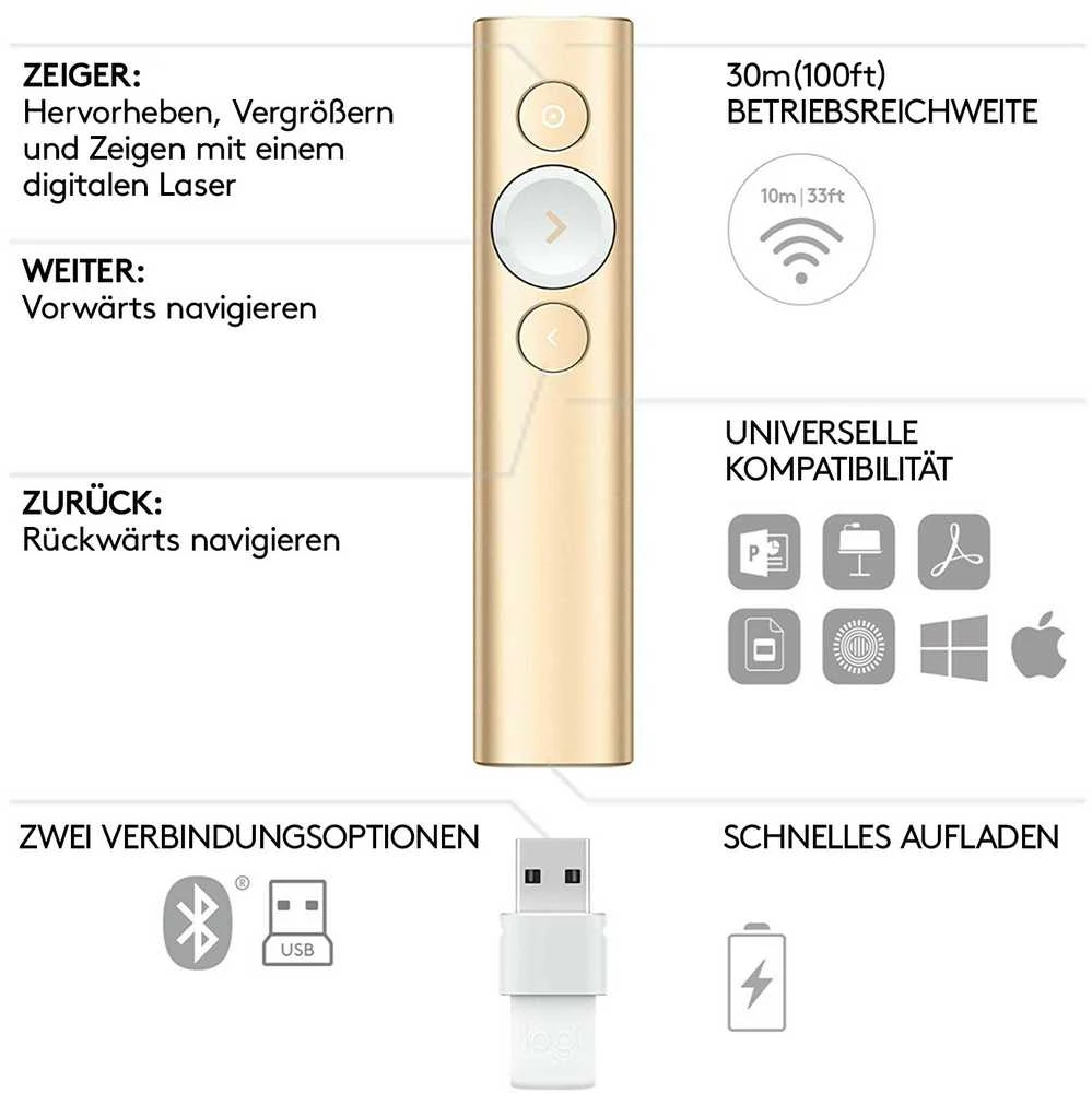 Logitech Spotlight belaidis valdymo pultas pristatymams Bluetooth/RF Auksas
