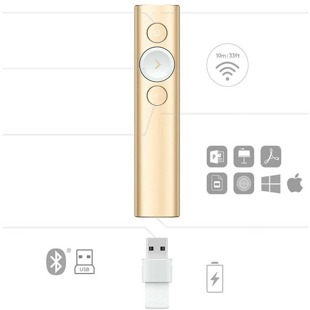 Logitech Spotlight belaidis valdymo pultas pristatymams Bluetooth/RF Auksas