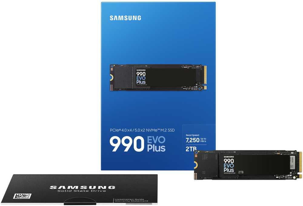 Samsung SSD | 990 EVO Plus | 2000 GB | SSD form factor M.2 2280 | Solid-state drive sąsaja NVMe | Skaitymo greitis 7250 MB/s | Rašymo greitis 6300 MB/s