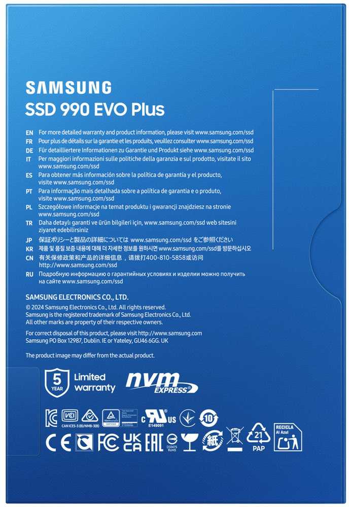 Samsung SSD | 990 EVO Plus | 2000 GB | SSD form factor M.2 2280 | Solid-state drive sąsaja NVMe | Skaitymo greitis 7250 MB/s | Rašymo greitis 6300 MB/s