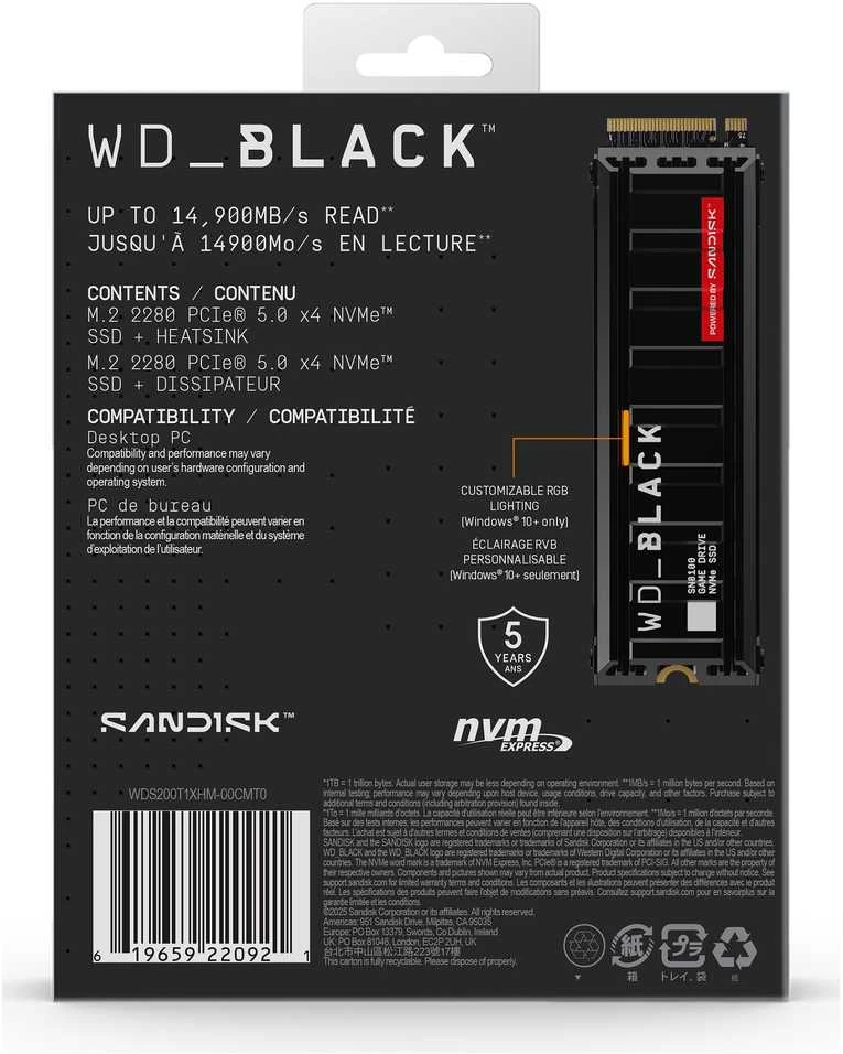 Sandisk „Western Digital“ Juodas SN8100 2 TB M.2 PCI Express 5.0 NVMe TLC 3D NAND diskas