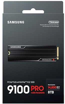 Samsung SSD | 9100 PRO With Heatsink | 8000 GB | SSD form factor M.2 2280 | Solid-state drive sąsaja PCIe 5.0 x4, NVMe 2.0 | Skaitymo greitis 14800 MB/s | Rašymo greitis 13400 MB/s