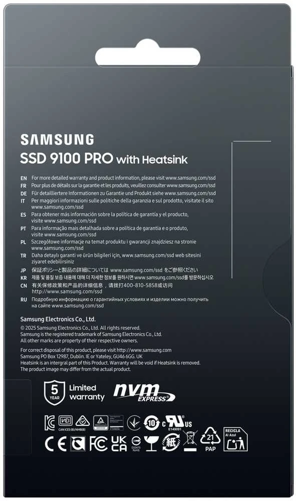 Samsung 9100 PRO | 4000 GB | SSD form factor M.2 2280 | Solid-state drive sąsaja PCIe 5.0x4 | Skaitymo greitis 14800 MB/s | Rašymo greitis 13400 MB/s