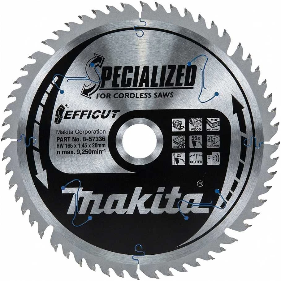 Makita T.C.T. pjūklas EFFICUT 165X1.45X20mm 23° T56 B-57336 T.C.T • 165 x20 mm • T56 • 23° • Medienai/MDF/laminatui
