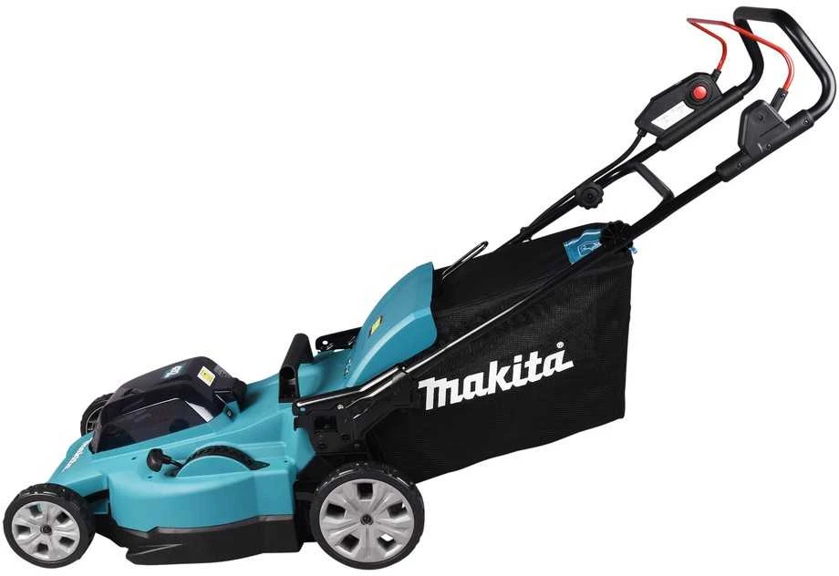 Makita DLM480Z akumuliatorinė vejapjovė 2 x 18 V, 48 cm, 4 viename (pjovimas / surinkimas / mulčiavimas / išmetimas į galą), 24,5kg, plastikinis korpusas, be akumuliatorinio ir krovinio