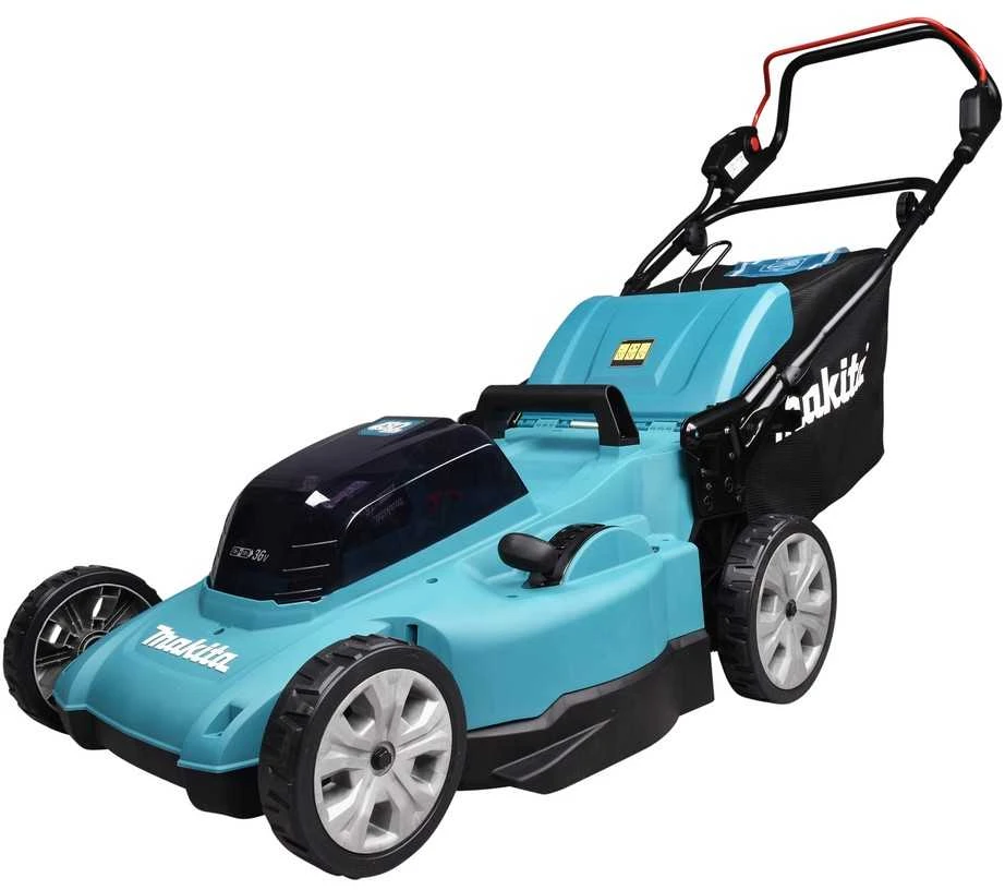 Makita DLM480Z akumuliatorinė vejapjovė 2 x 18 V, 48 cm, 4 viename (pjovimas / surinkimas / mulčiavimas / išmetimas į galą), 24,5kg, plastikinis korpusas, be akumuliatorinio ir krovinio