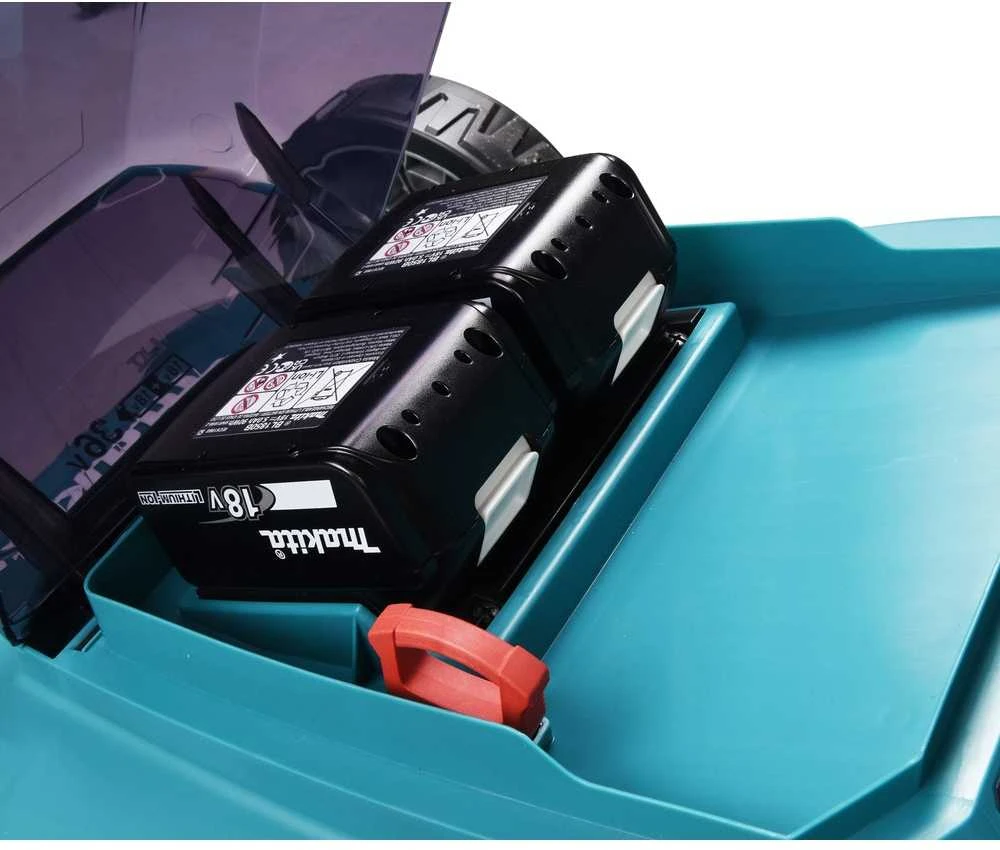 Makita DLM480Z akumuliatorinė vejapjovė 2 x 18 V, 48 cm, 4 viename (pjovimas / surinkimas / mulčiavimas / išmetimas į galą), 24,5kg, plastikinis korpusas, be akumuliatorinio ir krovinio
