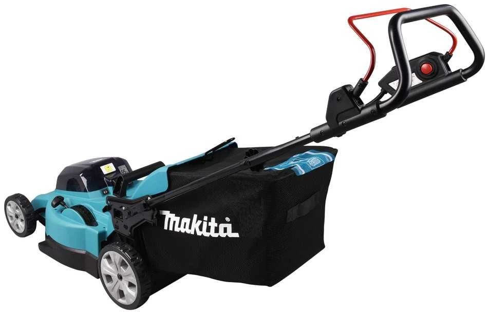 Makita DLM480Z akumuliatorinė vejapjovė 2 x 18 V, 48 cm, 4 viename (pjovimas / surinkimas / mulčiavimas / išmetimas į galą), 24,5kg, plastikinis korpusas, be akumuliatorinio ir krovinio