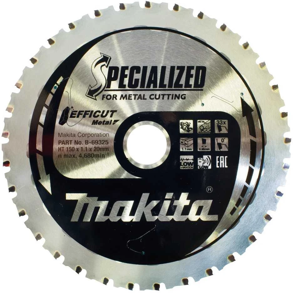 Makita T.C.T. pjūklas EFFICUT METAL 150X1.1X20mm 0° T33 B-69325 T.C.T • 150 x20 mm • T33 • 0° • Metalui