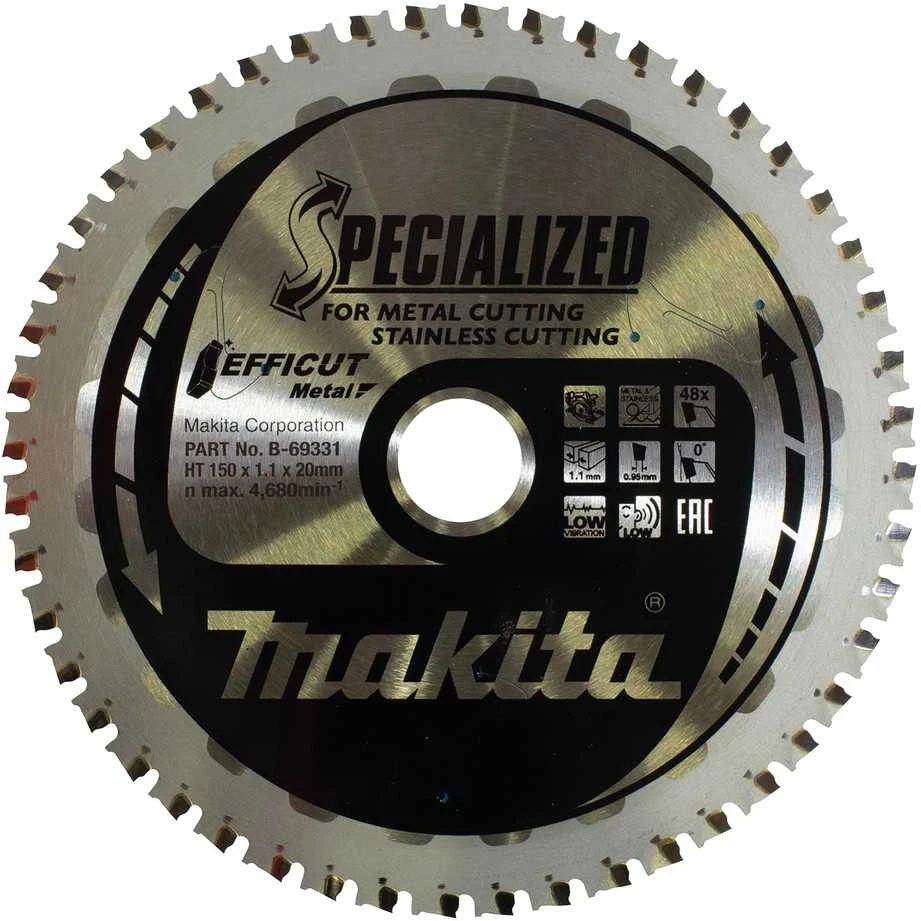 Makita T.C.T. pjūklas EFFICUT METAL 150X1.1X20mm 0° T48 B-69331 T.C.T • 150 x20 mm • T48 • 0° • Metalui/Nerūd. plienui