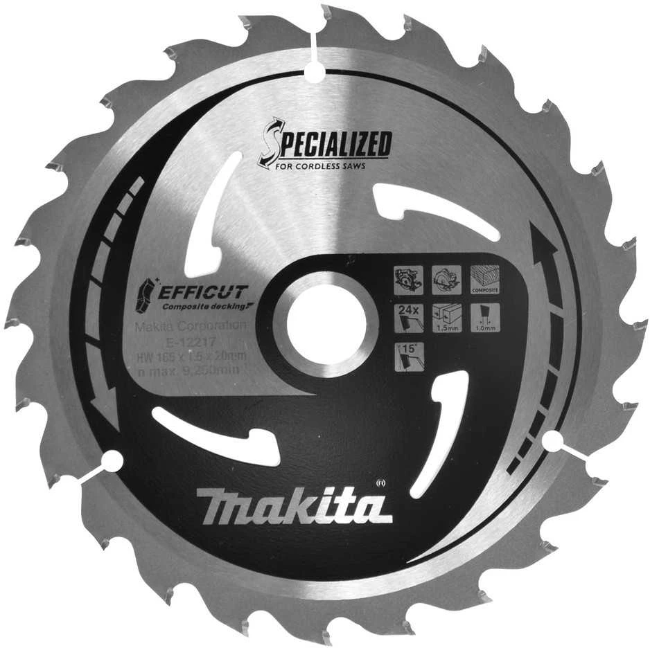Makita T.C.T. pjūklas 165X1.5X20mm 15° T24 EFFICUT klijuotoms plokštėms E-12217