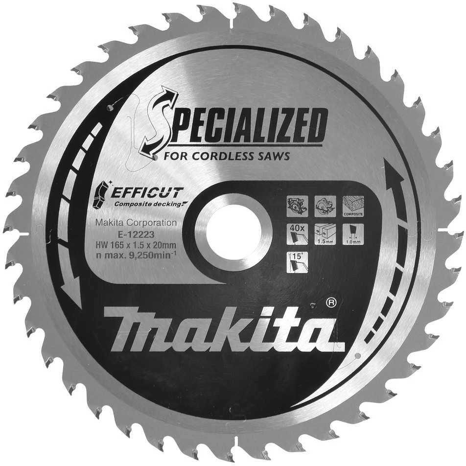 Makita T.C.T. pjūklas 165X1.5X20mm 15° T40 EFFICUT klijuotoms plokštėms E-12223