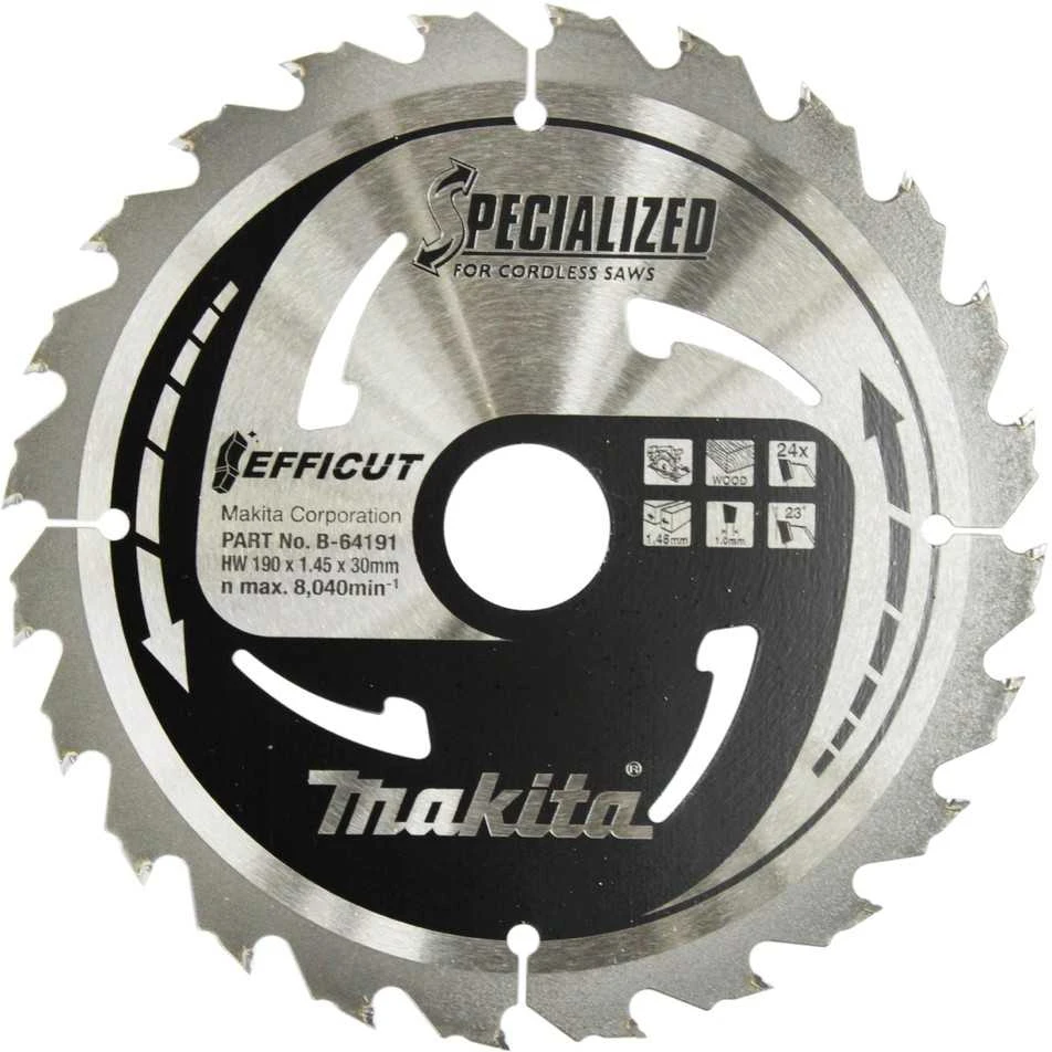 Makita T.C.T. pjūklas EFFICUT 190X1.45X30mm 23° T24 B-64191 T.C.T • 190 x30 mm • T24 • 23° • Medienai