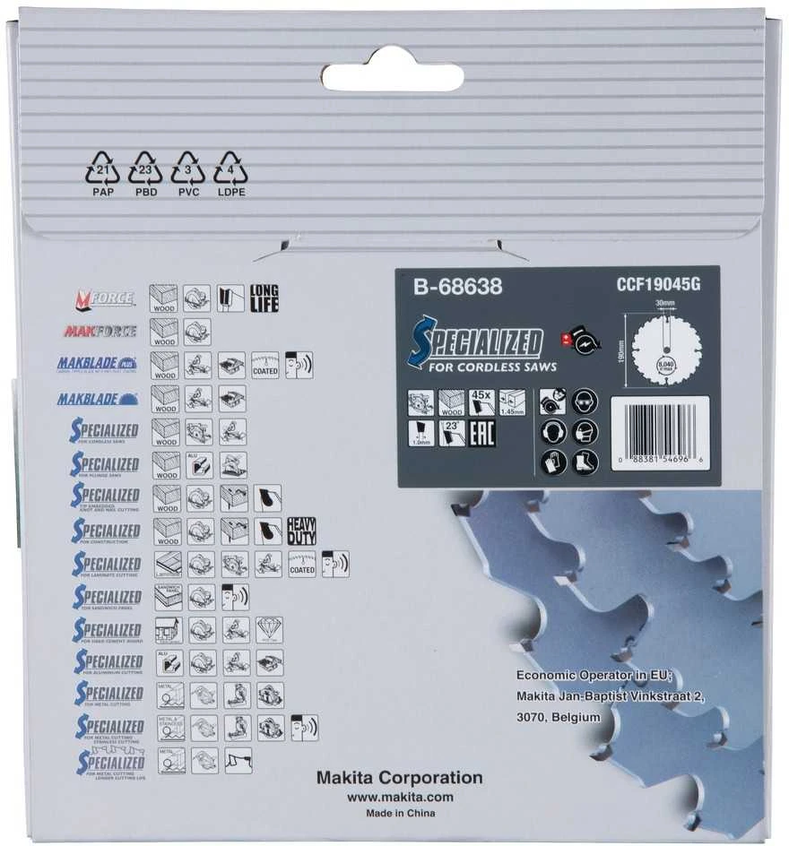 Makita T.C.T. pjovimo diskas EFFICUT B-68622 T.C.T • 190 x30 mm • T45 • 23° • Medienai
