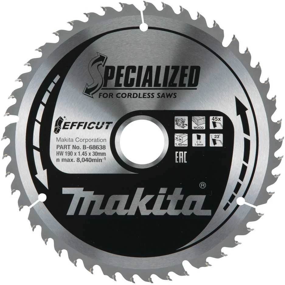 Makita T.C.T. pjovimo diskas EFFICUT B-68622 T.C.T • 190 x30 mm • T45 • 23° • Medienai
