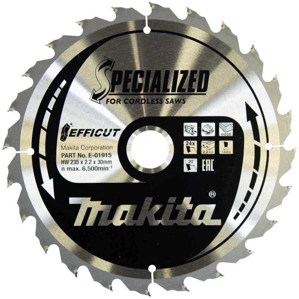 Makita T.C.T. pjūklas EFFICUT 235X2.2X30mm 20° T24 E-01909 T.C.T • 235 x30 mm • T24 • 20° • Medienai