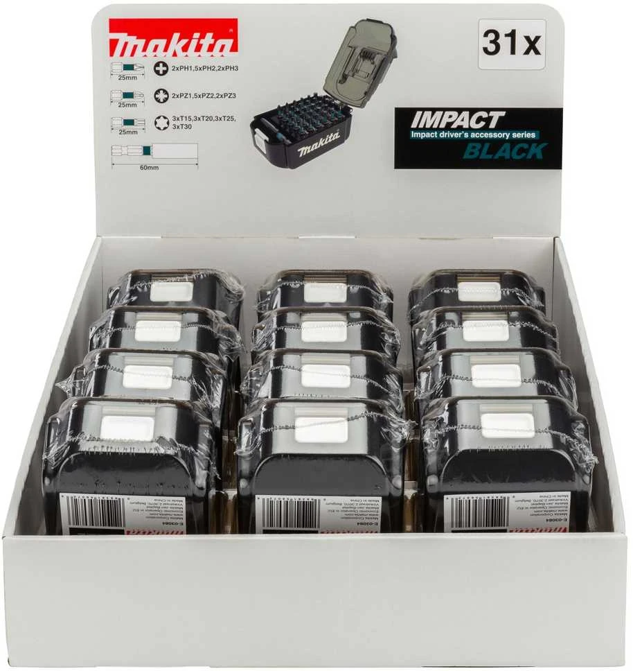 Makita E-03090 IMPACT Juodas 31vnt. antgalių rinkiniai, akumuliatoriaus formos dėkluose vitrininėje dėžėje, 12 rinkinių.