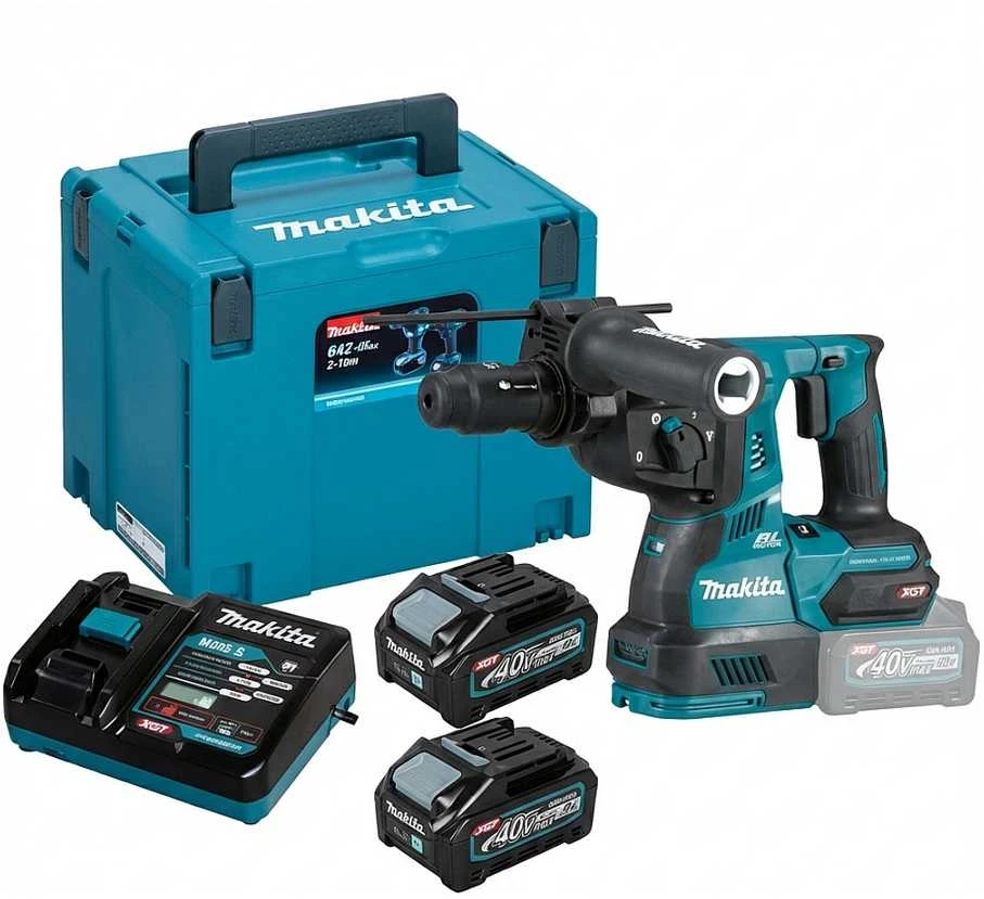 Makita HR004GM201 Perforatorius XGT, 2,9 J, 28mm; 4,1kg, bešepetėlinis variklis, greitojo keitimo griebtuvas, 2X4,0Ah, greitasis kroviklis; AVT; XPT; MAKPAC lagaminas